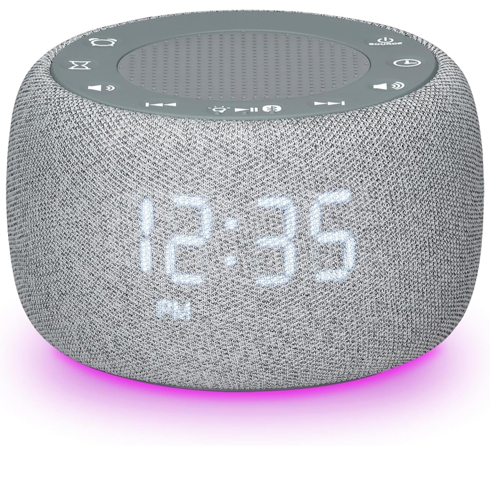 Alarm clock, white noise machine, Bluetooth rechargeable, gentle wake.